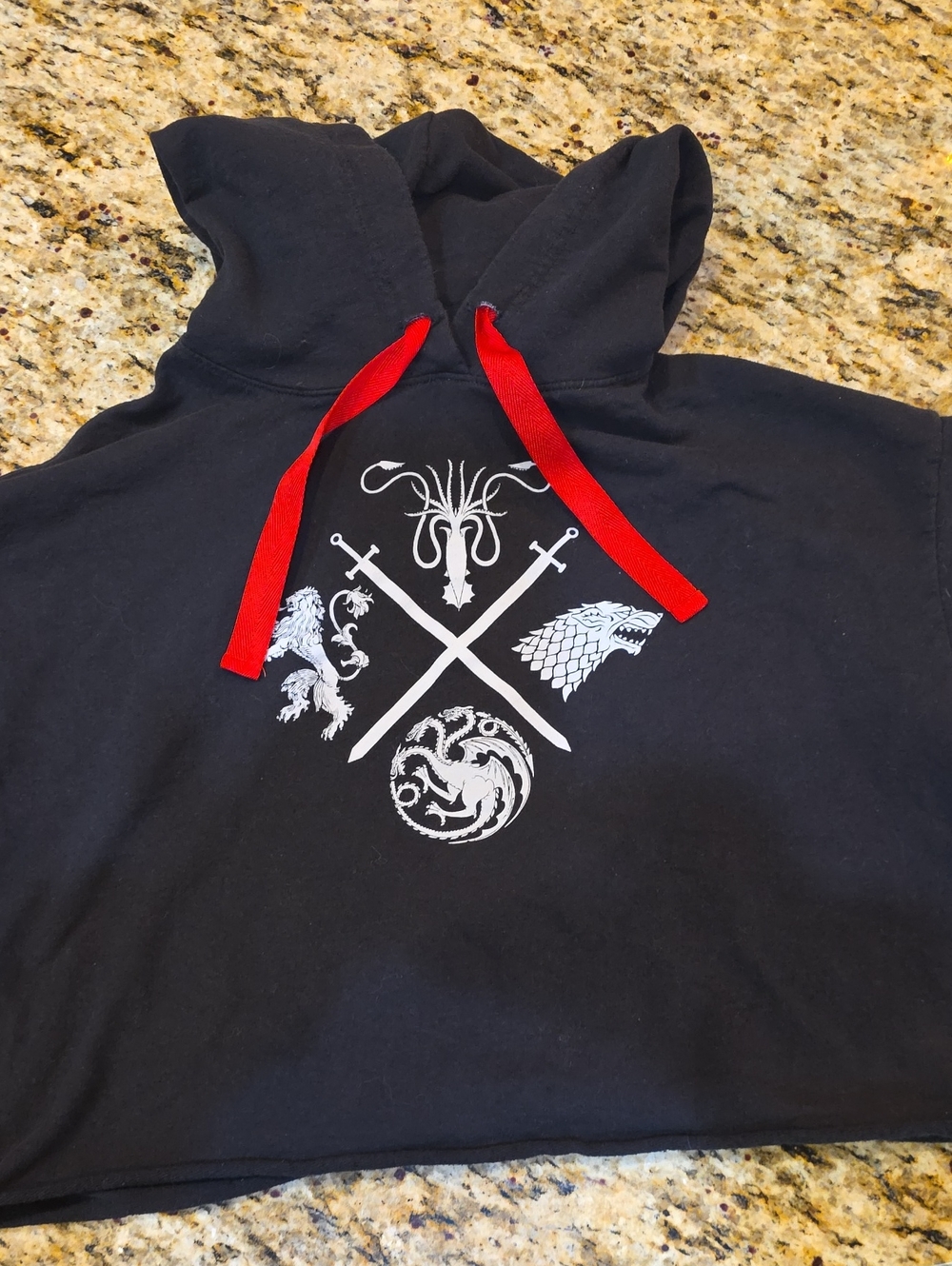 Black Cropped Hoodie Top with Red Drawstrings and White Crest Graphic
